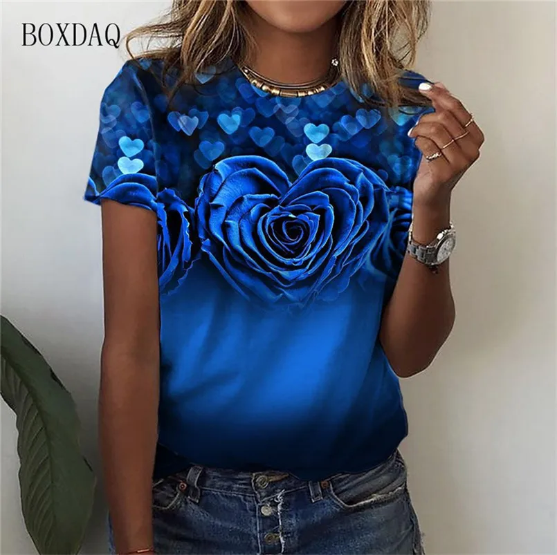 Love Heart Floral Pattern Women Fashion T-Shirts Summer Short Sleeve 3d Print Street Trend Ladies Tees 3XL Plus Size Casual Tops