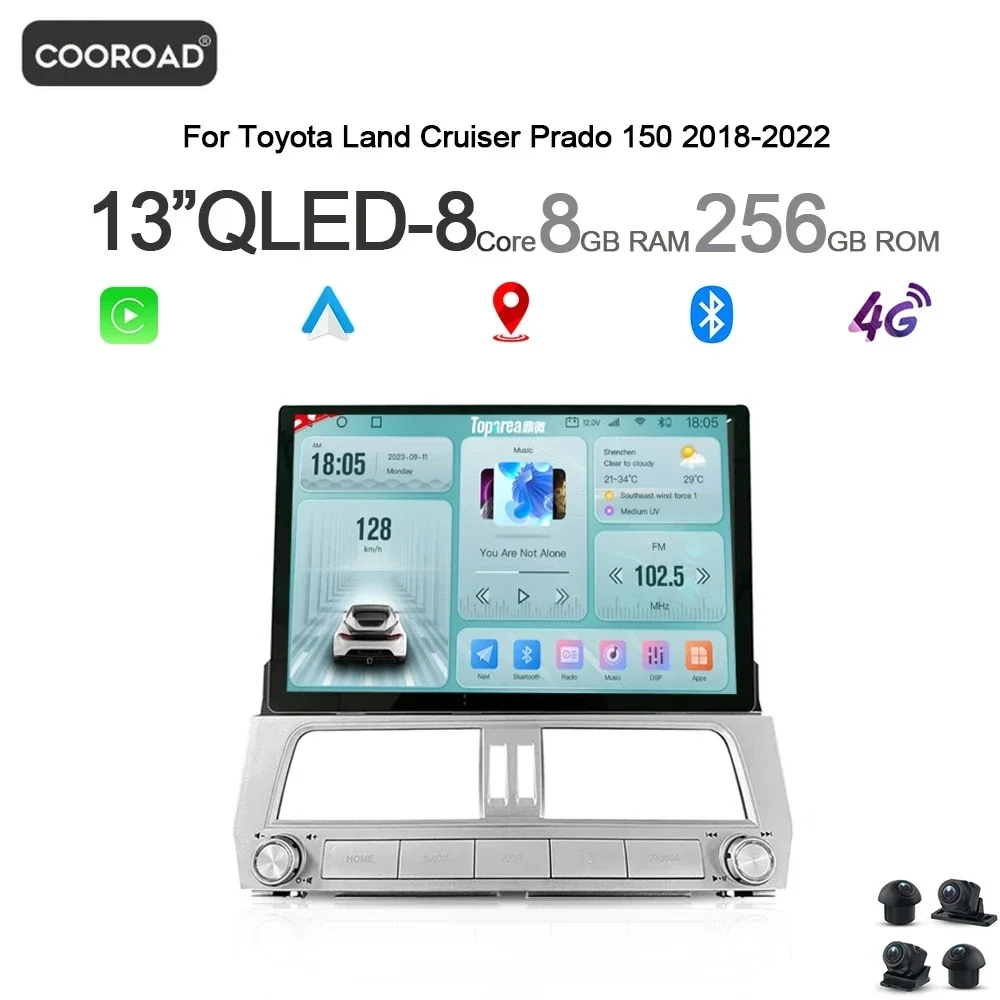 

Автомобильный DVD-плеер QLED, диагональ 13 дюймов, Android 14, 8 ГБ, GPS-навигация, Wi-Fi, Bluetooth, автомобильное радио для Toyota Land Cruiser Prado 150 2018-2023