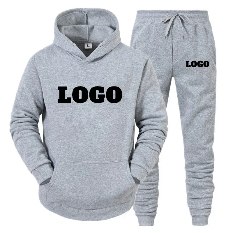 Men\'s customized logo sportswear, hooded sweatshirt and pants set, running and casual sportswear, 2 pieces.