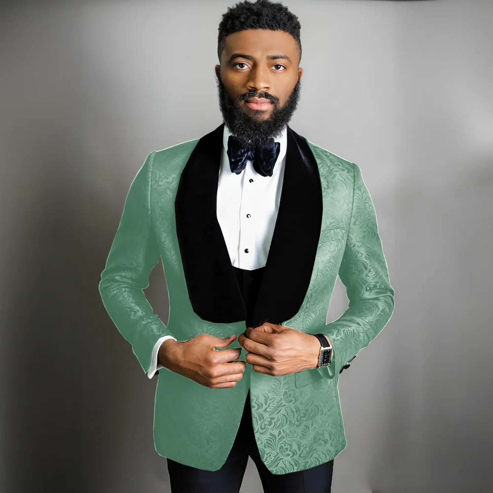 One Button Men Suits Black Pattern Groom Tuxedos Shawl Velvet Lapel Groomsmen Wedding Best Man ( Jacket+Pants+Vest+Tie )
