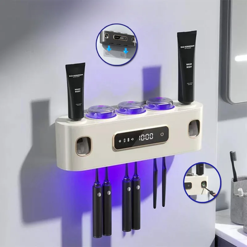 壁掛け-uv-滅菌歯ブラシホルダー-led-ディスプレイワイヤレス歯磨き粉消毒剤収納オーガナイザーラックセット