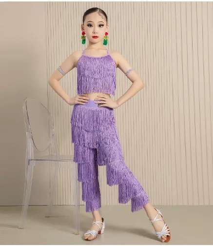 

1 компл./лот, роскошный стиль, детские модные комбинезоны для латинских танцев с кисточками, летний топ без рукавов для девочек и штаны с бахромой