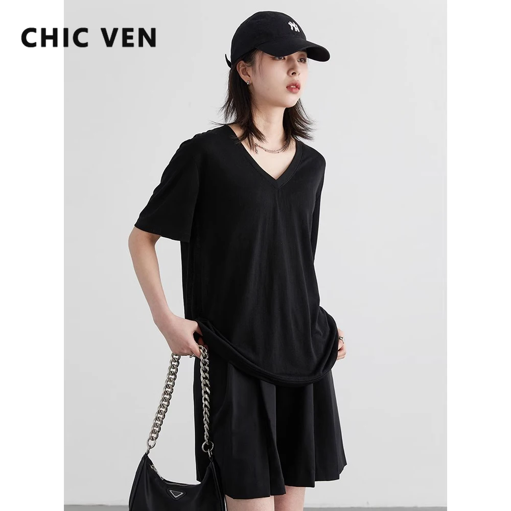 CHIC VEN Women T-Shirts Loose Casual Solid New Basic Female Tees Short Sleeved Top for Girl Woman Clothing Summer 2025