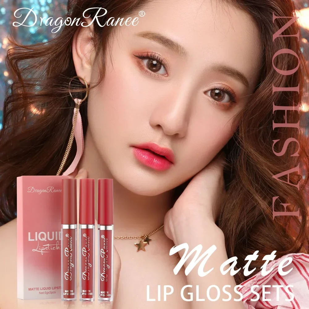 3Pcs Sexy Liquid Lipstick Set Matte Velvet Lip Gloss Bean Paste Lip Glaze Moisturize Long Lasting Lip Tint Makeup Cosmetic Kit