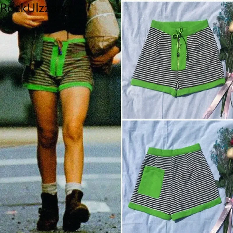 Striped Patchwork Contrast Green Colorblock Short Women Cotton Hotpant Slim Shorts Summer Comfortable y2k Casual Fitness Fashion