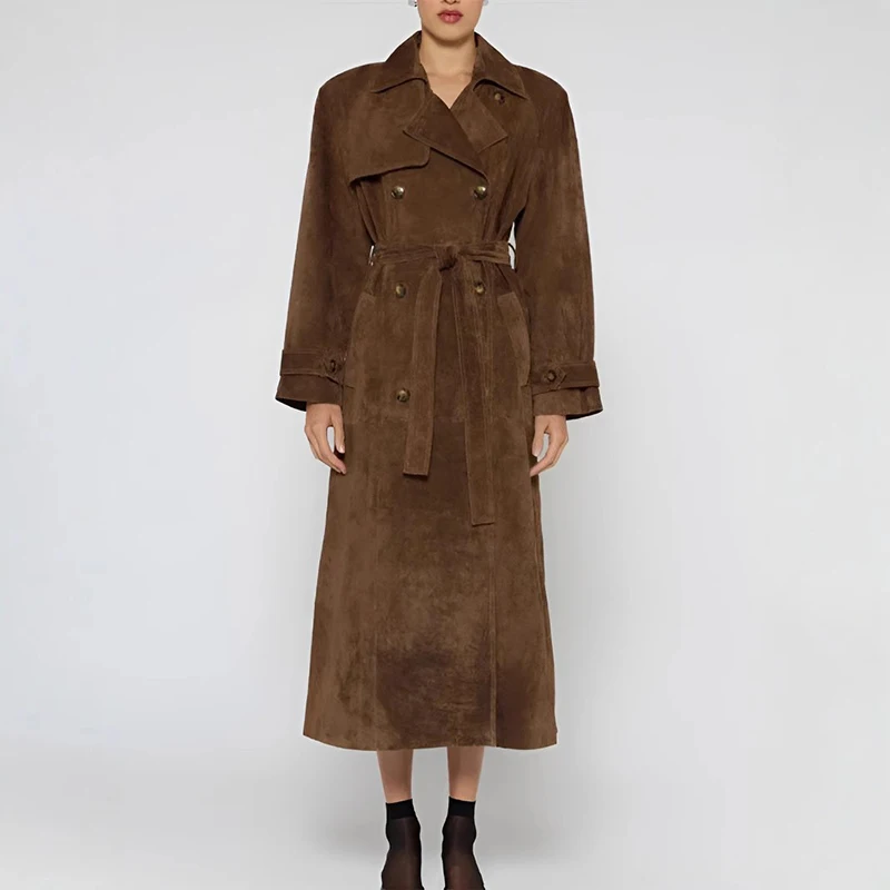 

Women's Suede Leather Windbreaker Autumn Winter Lace Up Long Coat Fashion Brown Turn Down Collar Trench Coat New Lady Outerwear