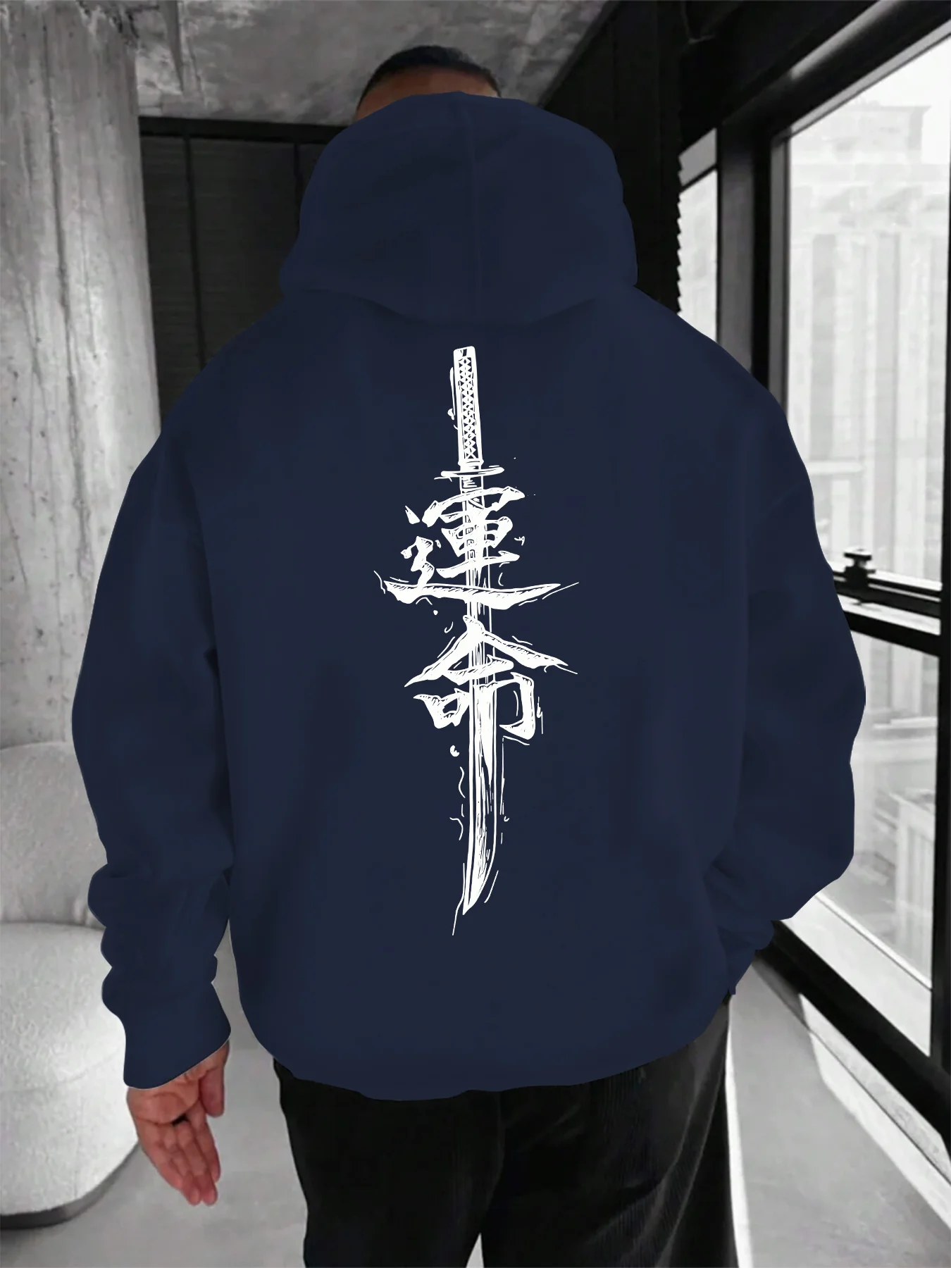 Men Japanese Katana Destiny Back Print Hoodie Vintage Samurai Sword Graphic Hooded Sweatshirt Loose Streetwear Pocket Pullover