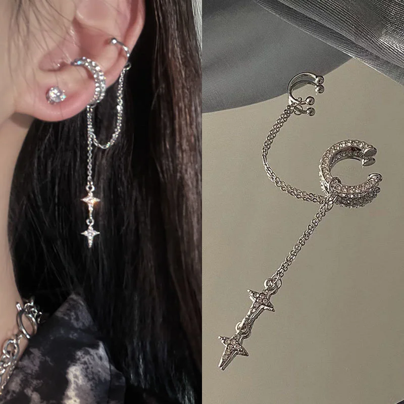 Shiny Cross Star Silver Color Crystal Tassel Cuff Ear Clip Earring For Women Rhinestone Fake Cartilage Piercing Earring Jewelry