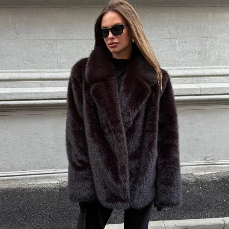 Tuularose Fashion Brown Faux Fur Overcoat Women's Luxury Chic Lapel Long Sleeve Fluffy Coats Lady Winter Thicken Warm Outerwear