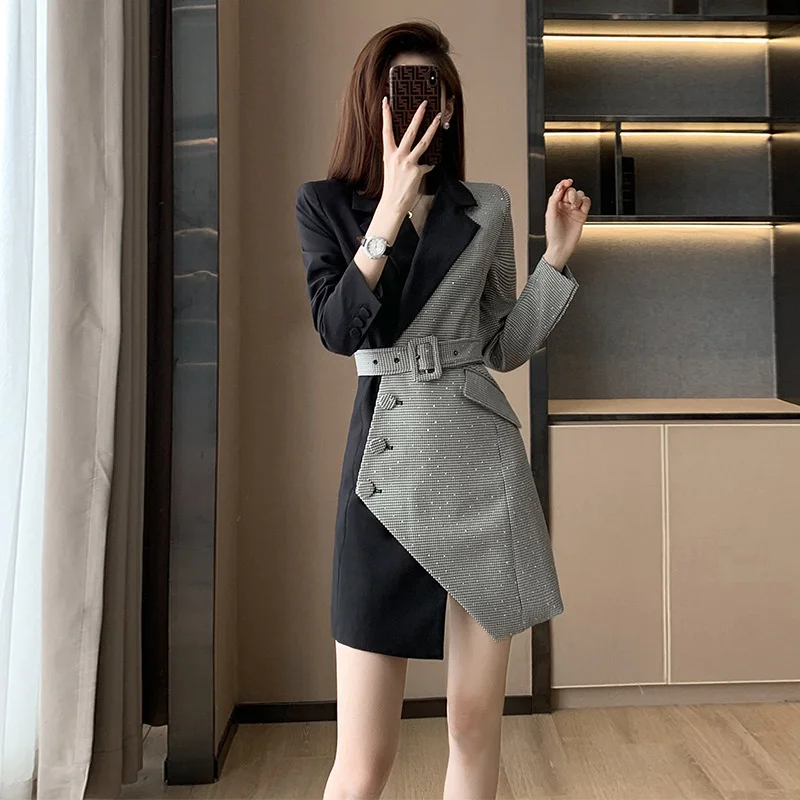 

Autumn 2023 Women New Long-Sleeved OL Asymmetric High Waist Suit Collar Dress