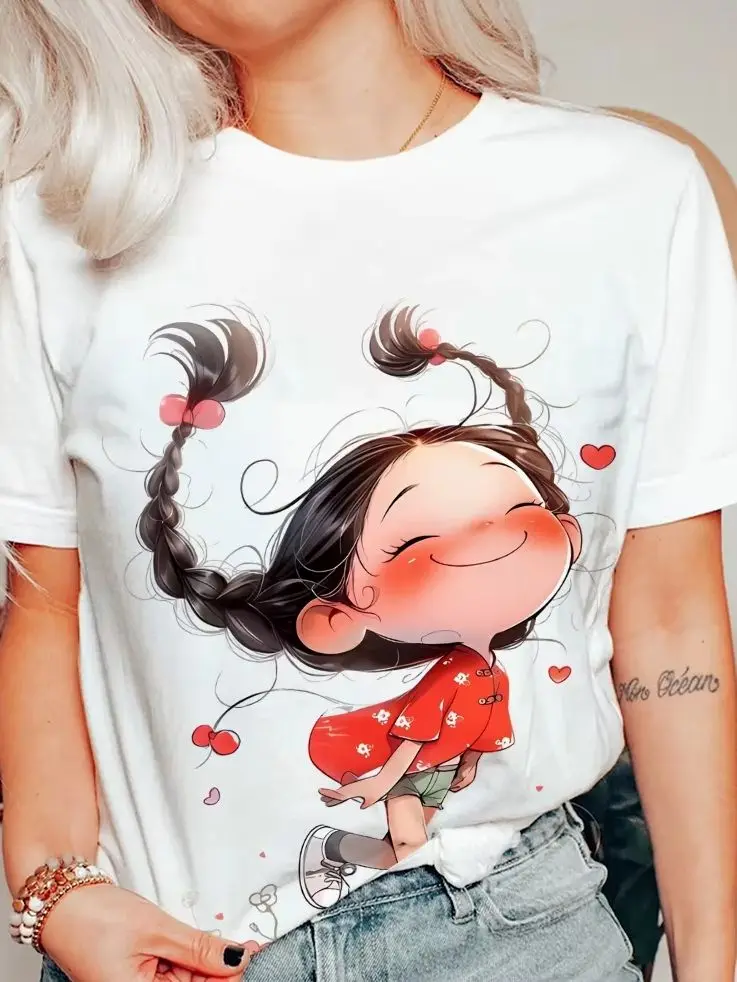 

Cute Little Girl Hand-Painted, Y2k Graphic Tee, Women's Oversized T-Shirt, Cute Hand-Painted Bunny, Korean Style Art,Summer 2025