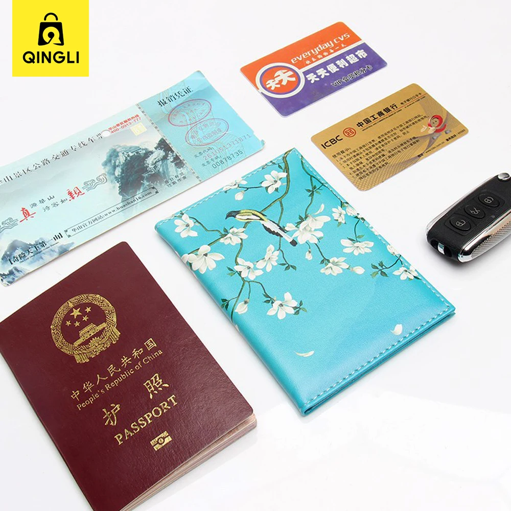 Exquisite Flowers Trees Birds Pattern Passport Holder Case Chinoiserie PU Leather Protect Passport Cover for Travel Necessities