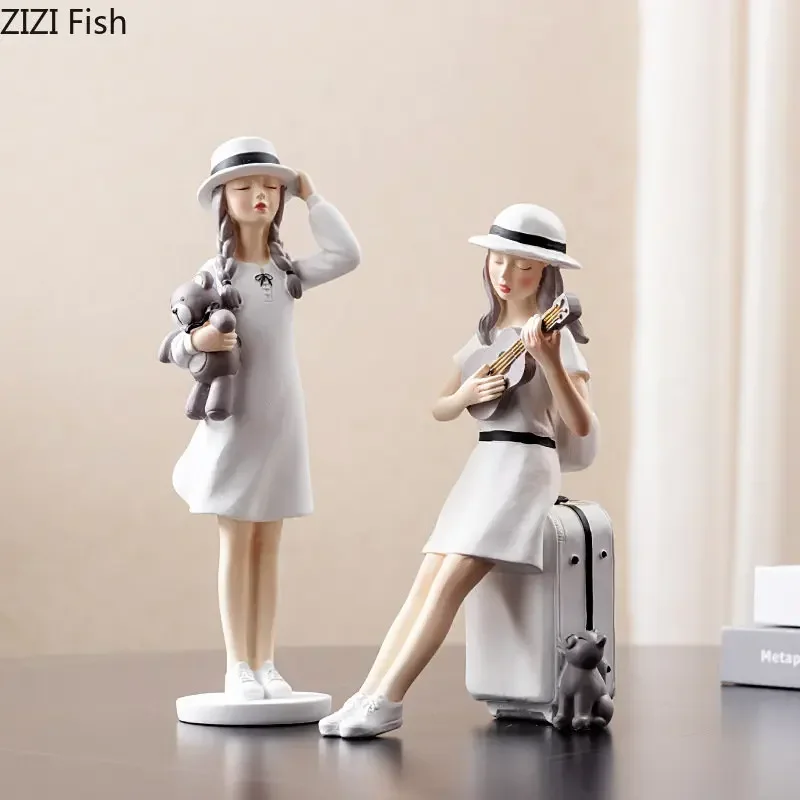 Modern Girl Character Resins Statue Desktop Decor Ornaments Cute Girl Painted Sculpture Figures Figurines Home Decoration view 3