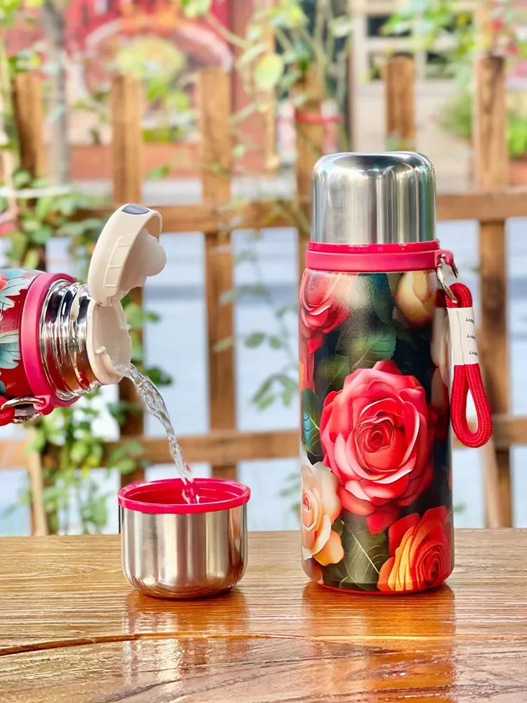 Retro and Bustling High-value Insulated Cup with Creative Rose Pattern Double-layer Water Cup Car Portable Drawstring Stew Cup