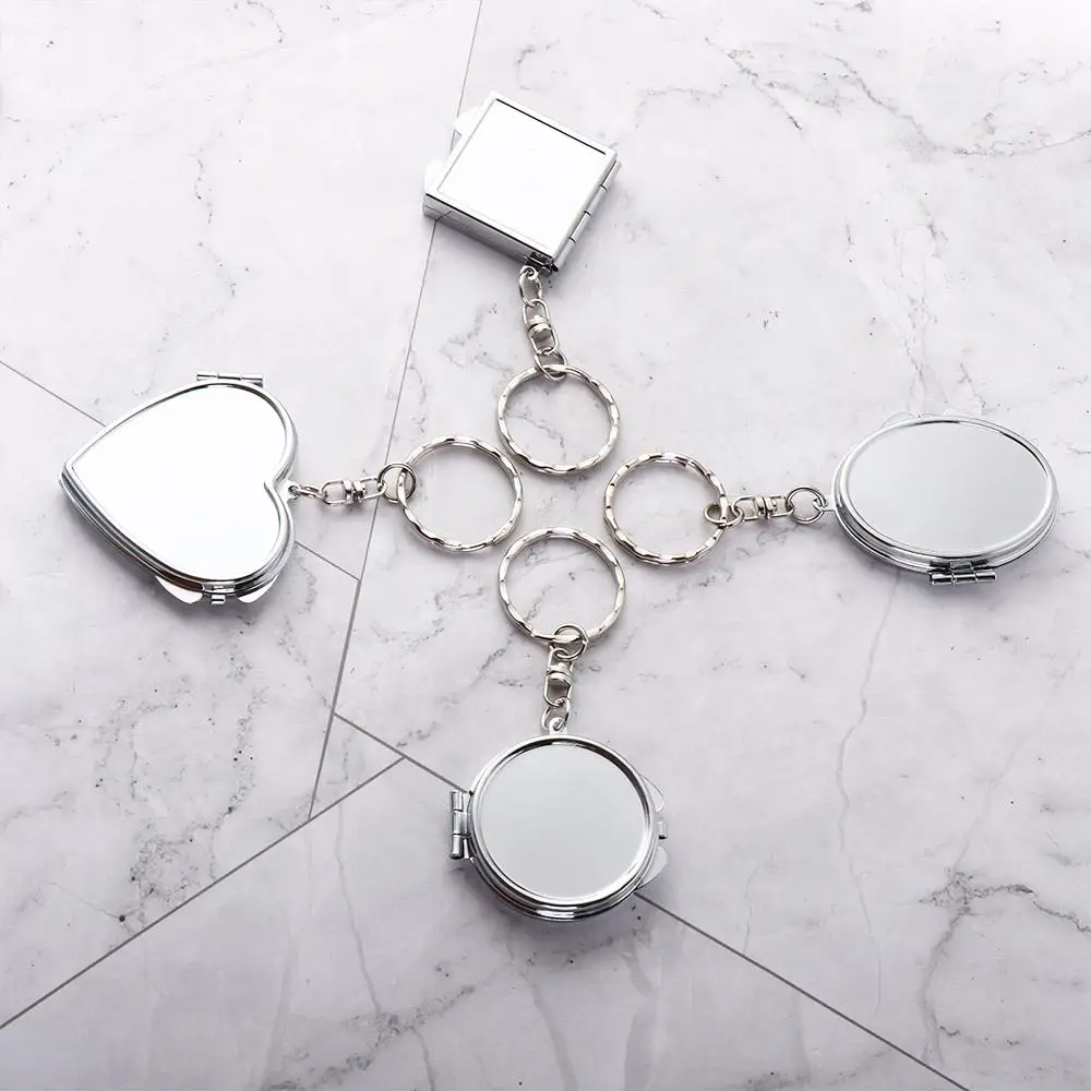 Makeup Mirror Folding Mirror Key Chain Metal with Key Ring Makeup Cosmetic Mirror Key Ring Round Heart Folding