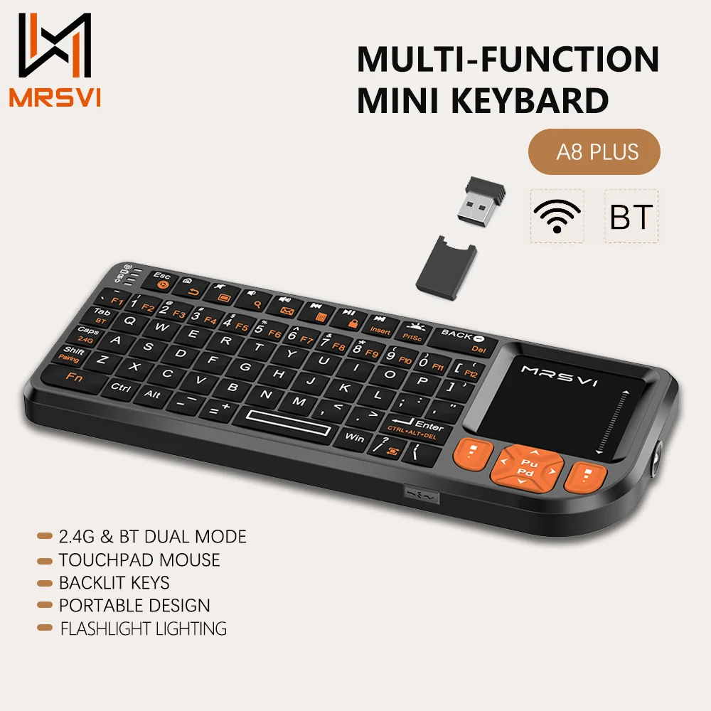 

MRSVI Mini Bluetooth Keyboard A8 PLUS,Backlit 2.4GHz Wireless Keyboard with Touchpad for Android TV Box,Mac,Laptop,Windows