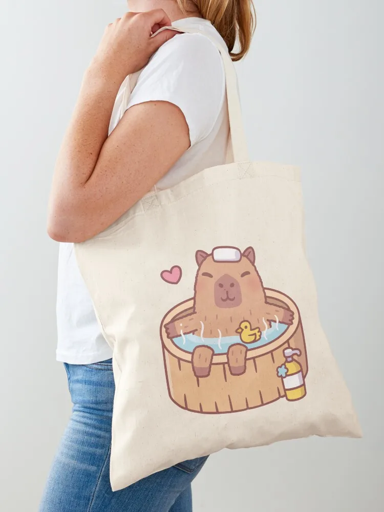 Cute Capybara and Ducky Relaxing in Hot Bath Tote Bag Lady bags Custom bag Canvas Tote Bag