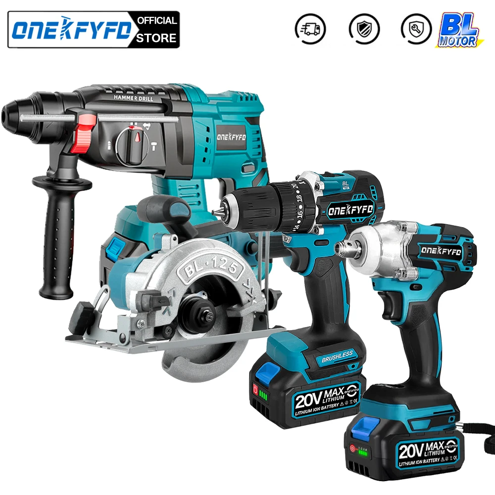 ONEKFYFD 4Pcs Brushless Tools Set 172 Electric Drill + 2in1 Impact Wrench + electric circular saw+ Electric Hammer Drill