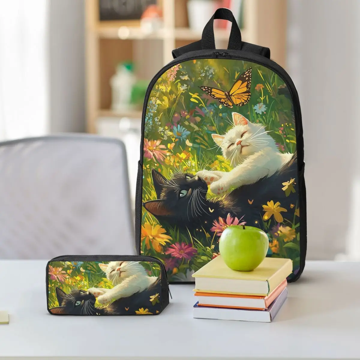 Adorable Kitten And Butterfly In Grass Backpack Boys Girls BookBag School Bag Shoulder Bags 3ps Insulated Lunch Bag Pencil Case