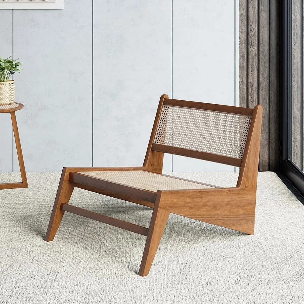 Cadeira moderna de meados do século japandi nogueira rattan e madeira espreguiçadeiras sem braços cadeira de acento para sala de estar quarto varanda & pa