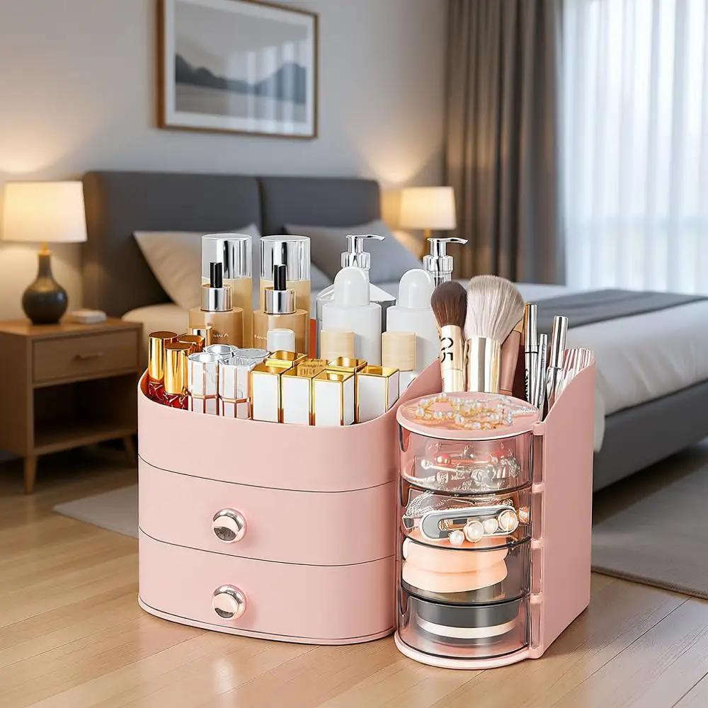 

Countertop Makeup Organizer Vanity with Drawers, Ideal for Skincare, Cosmetics, Brushes, Lipsticks - Pink