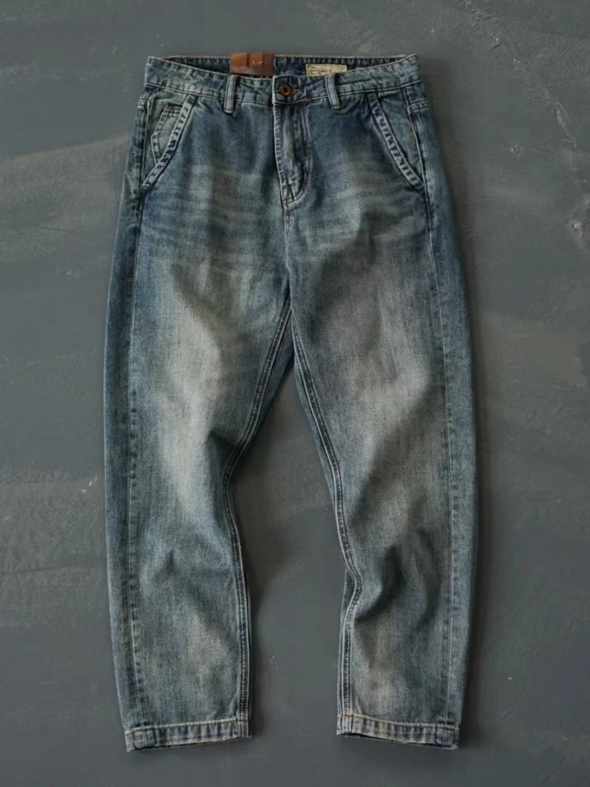 Heavyweight Pure Cotton Retro Straight Leg Jeans Men's Spring Autumn American Khaki Nine Point Washed out Fashionable Jeans