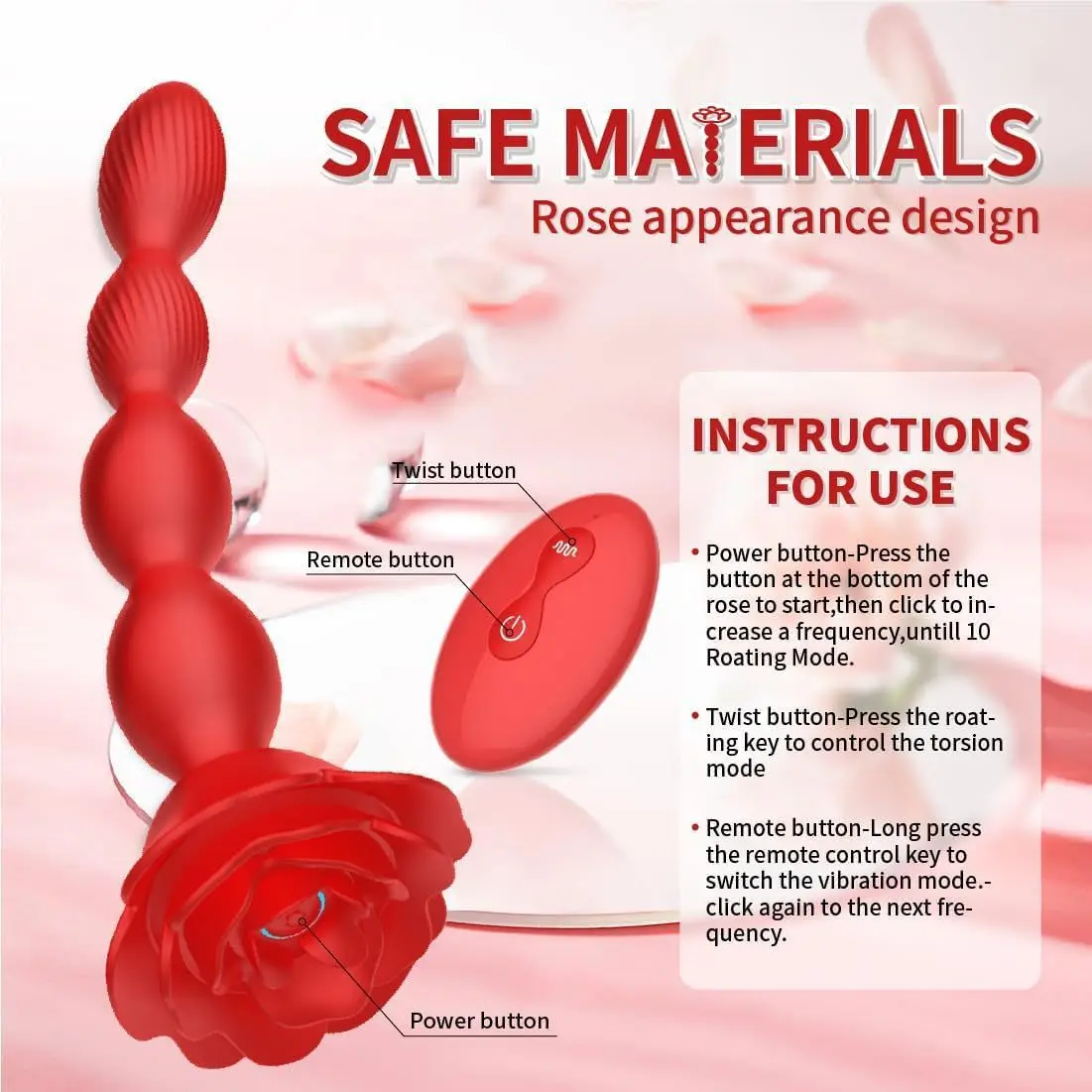 Rose Anal Plug Vibrator 360° Rotation Pull Bead Prostate Massage Vaginal Stimulator Remote Control Sex Toys Masturbation Massage view 5