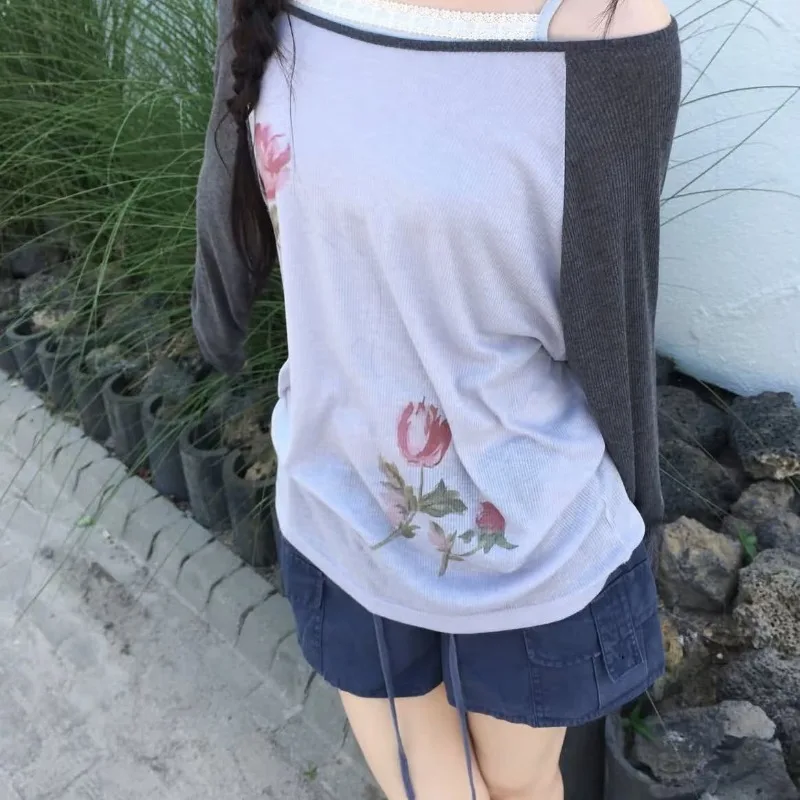 Kimotimo Vintage Printed Long Sleeve T-shirts Women Autumn New Slash Neck Patchwork Casual Base Tops Y2k Aesthetic Harajuku Tees