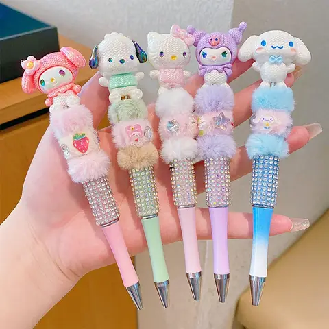 Sanrio Kawaii 플러시 비드 스트링 펜 Pochacco Cinnamoroll DIY 펜 헬로 키티 Kuromi 내 멜로디 만화 편지지 생일 선물 Best5