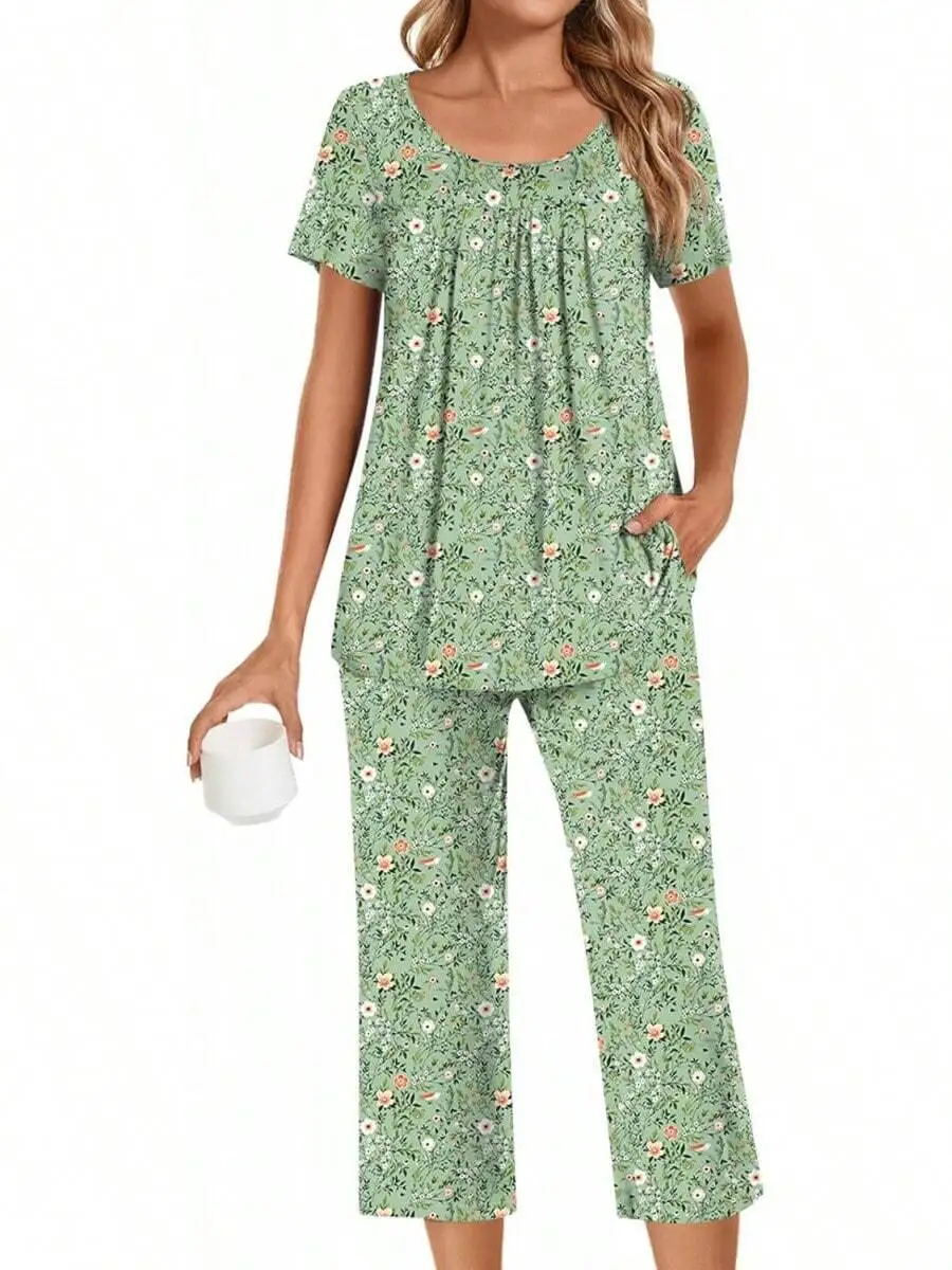 

Womens Floral Print Pajama Set With Pockets Capri Sleepwear Loungewear