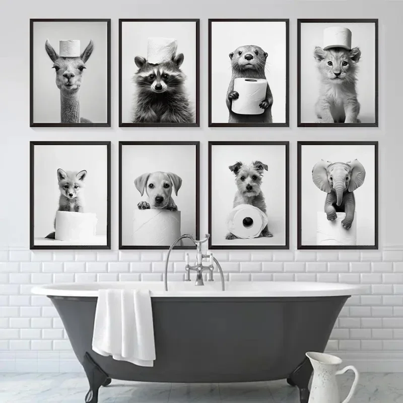 Black and White Funny Bathroom Animal Posters Nordic Otter Fox Puppy Print Canvas Painting Toilet Sink Wall Art Pictures Decor