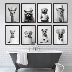 Black and White Funny Bathroom Animal Posters Nordic Otter Fox Puppy Print Canvas Painting Toilet Sink Wall Art Pictures Decor