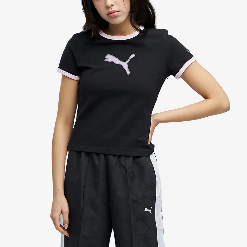 Puma genuine new women's black and pink slim fit round neck pullover short sleeved T-shirt 637865-01