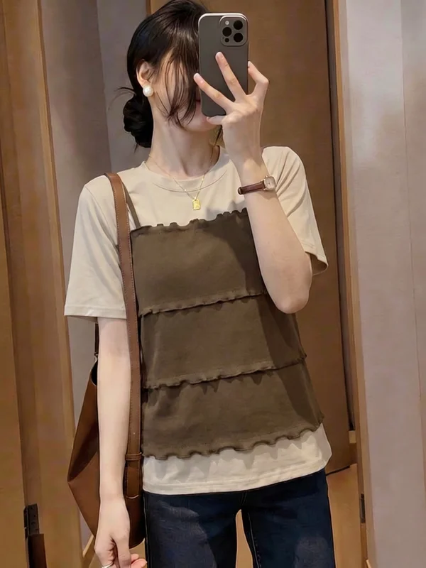 Khaki T-Shirt Women's Summer New plus Size Fake Two-Piece Shoulder Bells Short Sleeve round Neck Loose Fit Commute Style