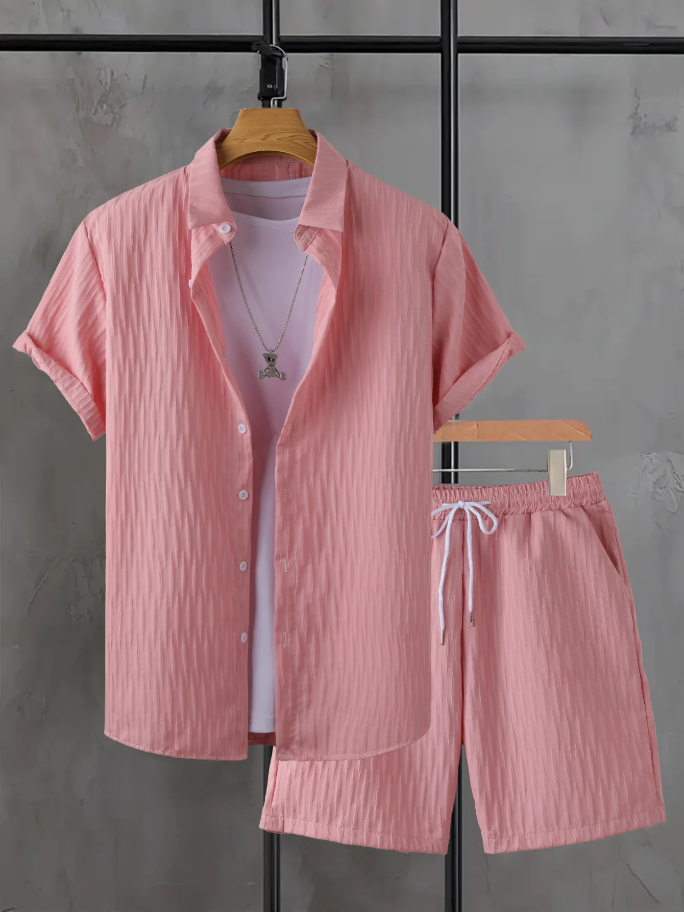 

Men's special fabric raised diamond-patterned shirt short sleeve and shorts set