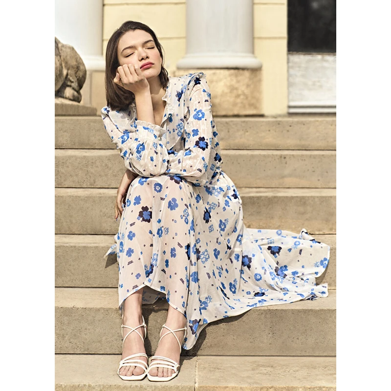 

Romantic Lightweight Summer Print Chiffon Dr with Pleated Hemline And Waist Cinching ort Sve A-Line Midi Dr