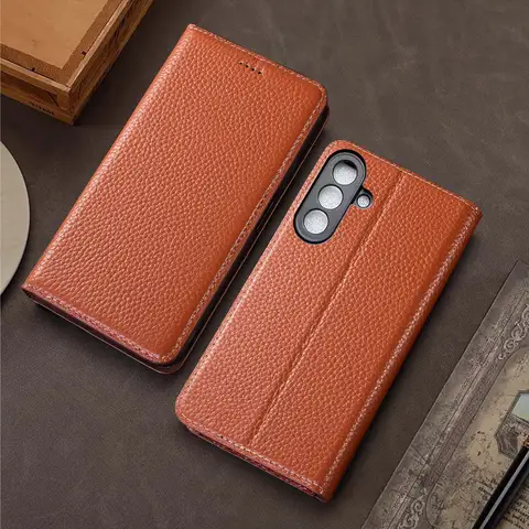 For Samsung A14 A15 A16 A24 A26 A34 A35 A36 A53 A54 A56 A73 4G 5G Large Lychee Pattern Genuine Leather Flip Phone Case Cowhide