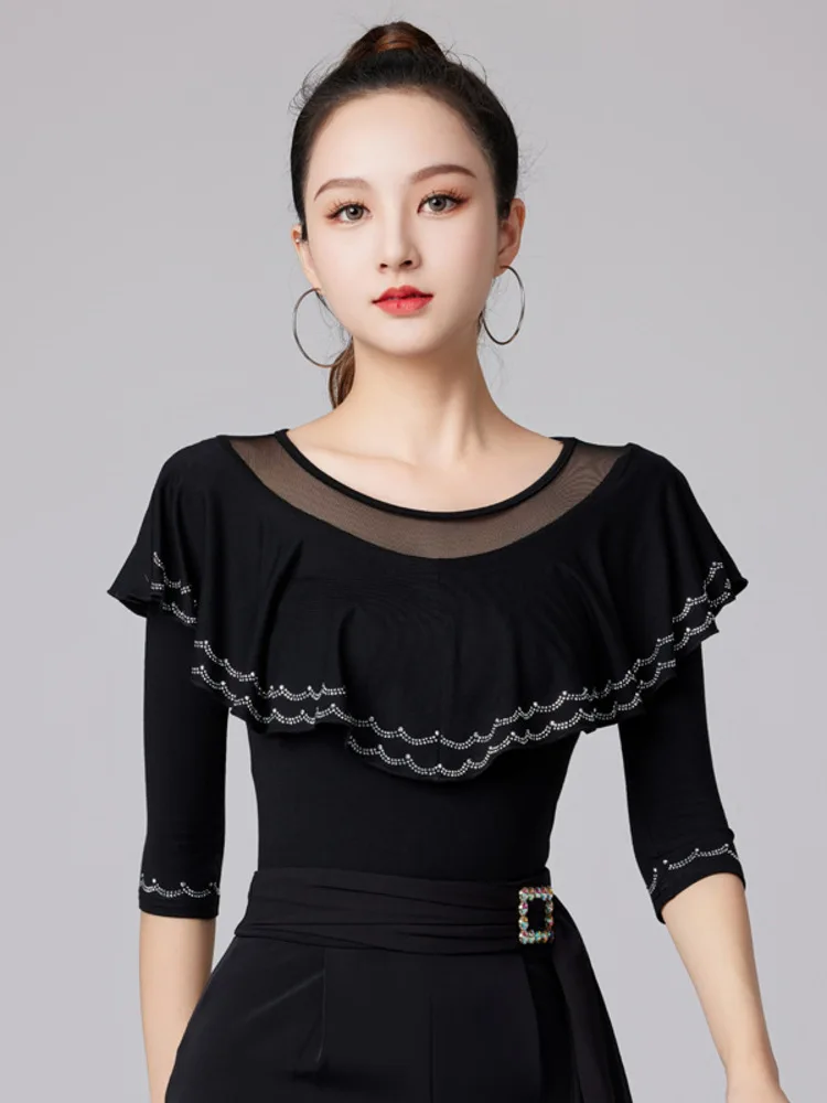 Slim Fit Latin Dance Ruffles T-shirt Woman Jazz Ruffles 2024 Line Middle Sleeves Tops Competition Mesh Patchwork Female Tango