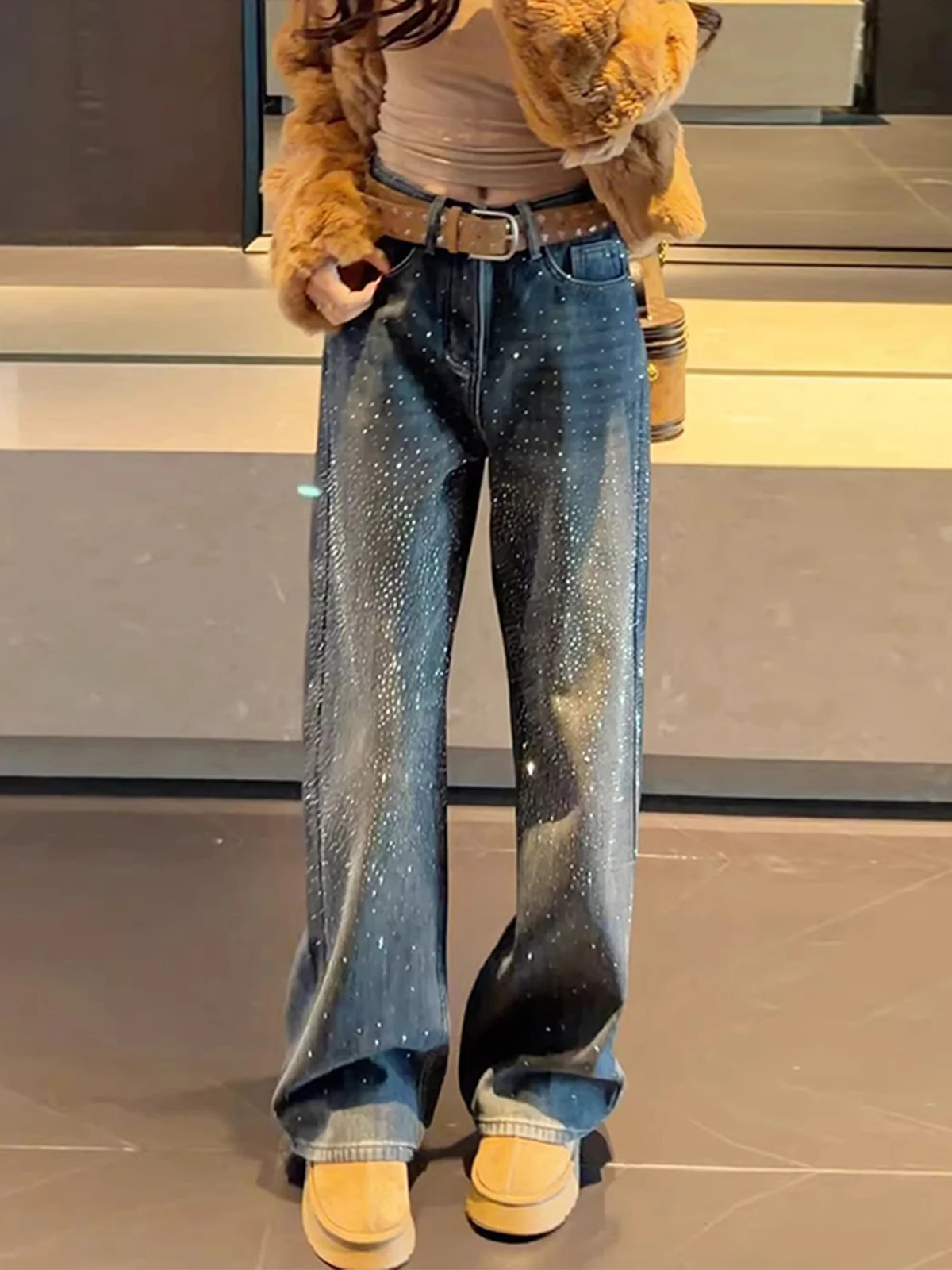 

Blue High-End Feel Thermal Fla Wide Leg Denim Jeans Women's Winter New Faion Fce Straight Floor-Length Pants