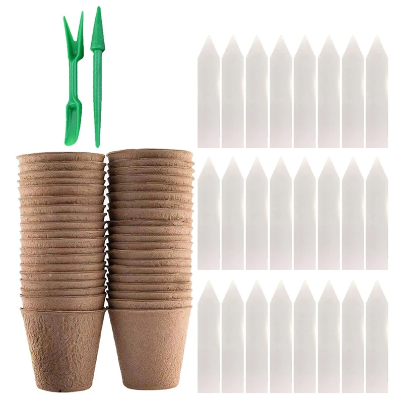 50 Pack 3.15 Inch Peat Pots With 50 Plant Labels Outdoor Garden Germination Nursery Pots,Biodegradable Seed Pots Kits