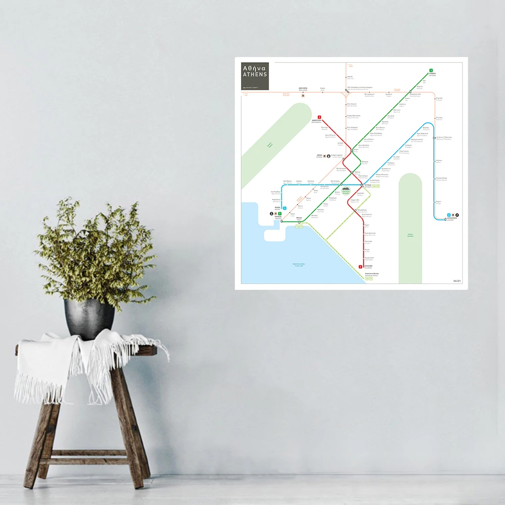Greece City Athens Metro Line Map Poster Wall Art Decoration Painting Subway Underground Maps Decoration Crafts 30/40/50cm