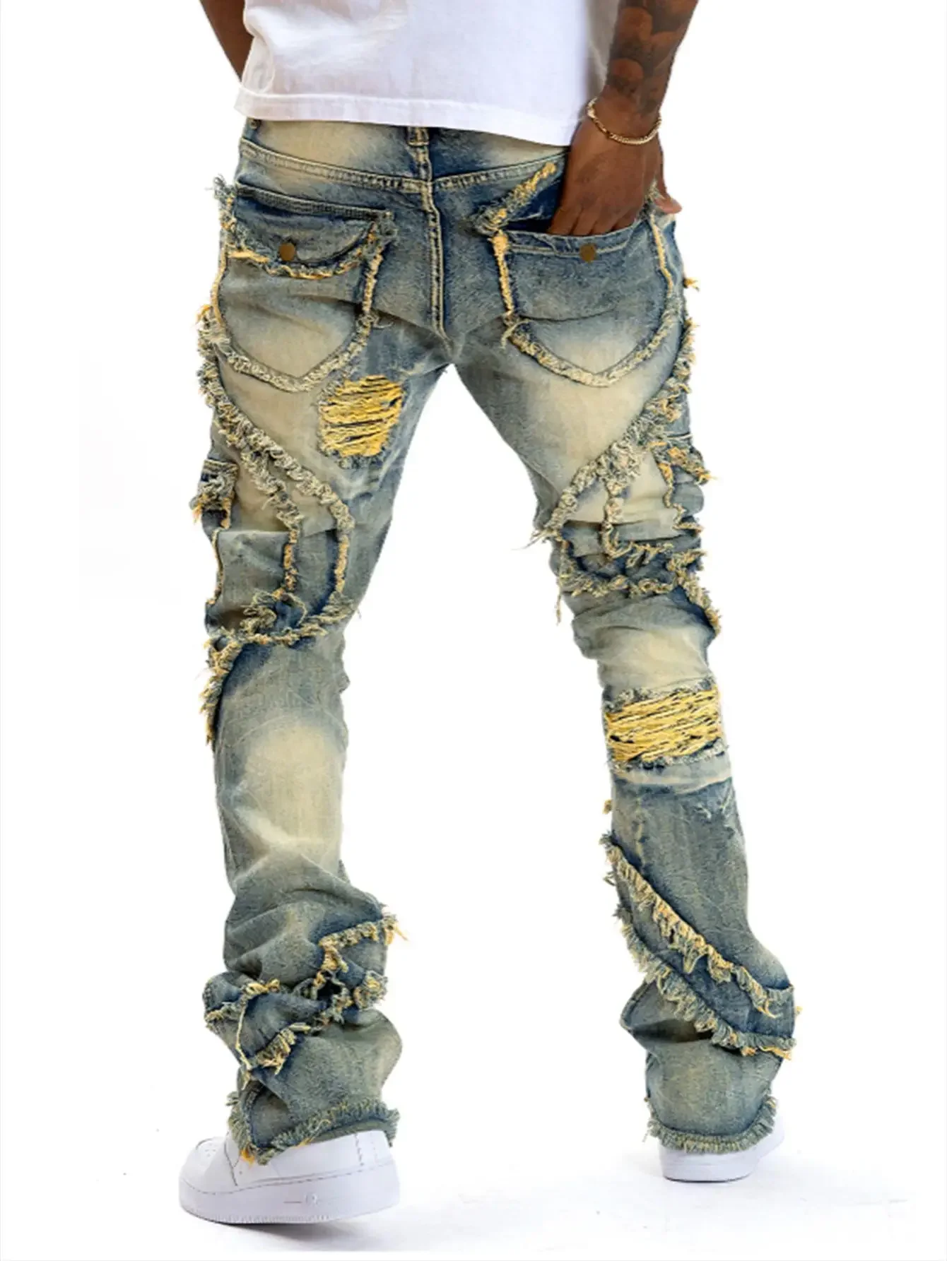 New European and American men's casual jeans, street punk fashion, retro, ripped hole, slightly flared tassel elastic jeans