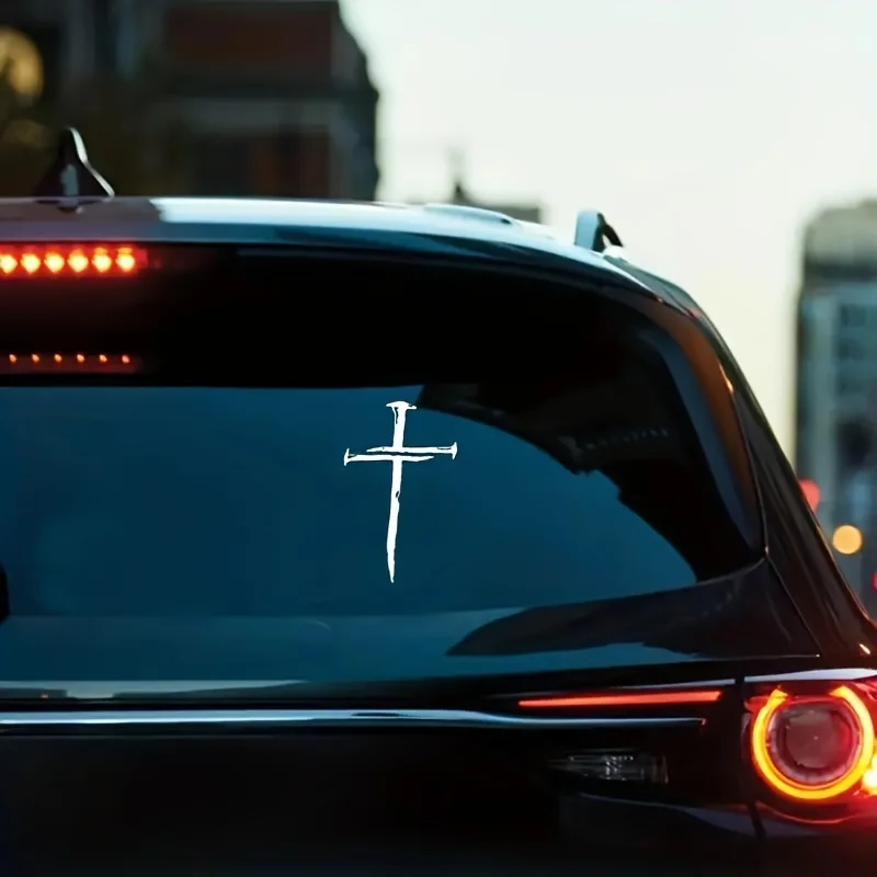 

2D Flat Cross Nail Silhouette Vinyl Sticker, White/Black, Waterproof Decal for Car, Truck, Wall, Laptop, Water Bottle & Crafts