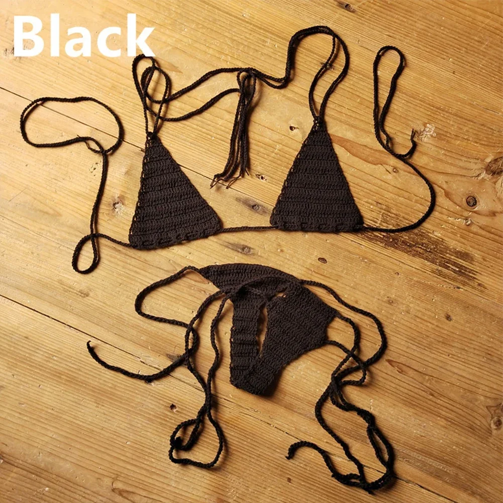 Women's Sexy Hand Crochet Bikini Set Beach Swimwear Wire Free Swimsuit 2Pieces Bra Briefs G-String Sensual Womens Bathing Suit