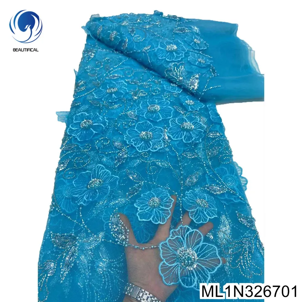 

Delicate beads and sequins Fabric，High Grade African 3D Flower Tulle Lace ，Characteristic Embroidery for Party Dress，ML1N3267