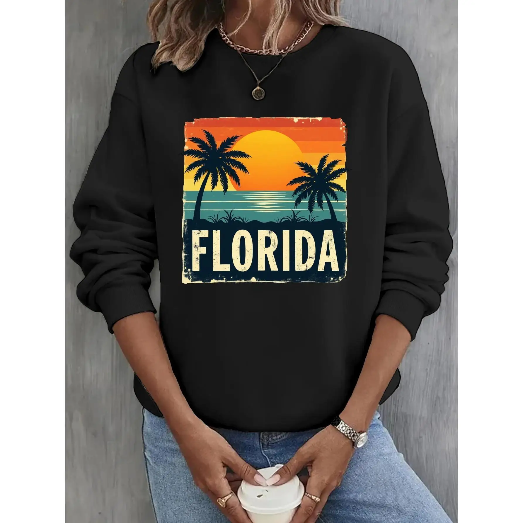 

Women Men Florida Beach Sunset Sweatshirt Retro Palm Tree Print Pullover USA Travel Souvenir Vacation Top