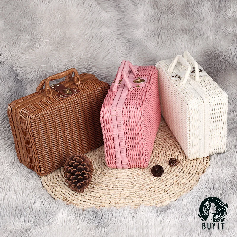 Imitação de rattan vintage mala de armazenamento de cosméticos adereços decorativos mala caixa de presente do feriado grande capacidade viagem prático