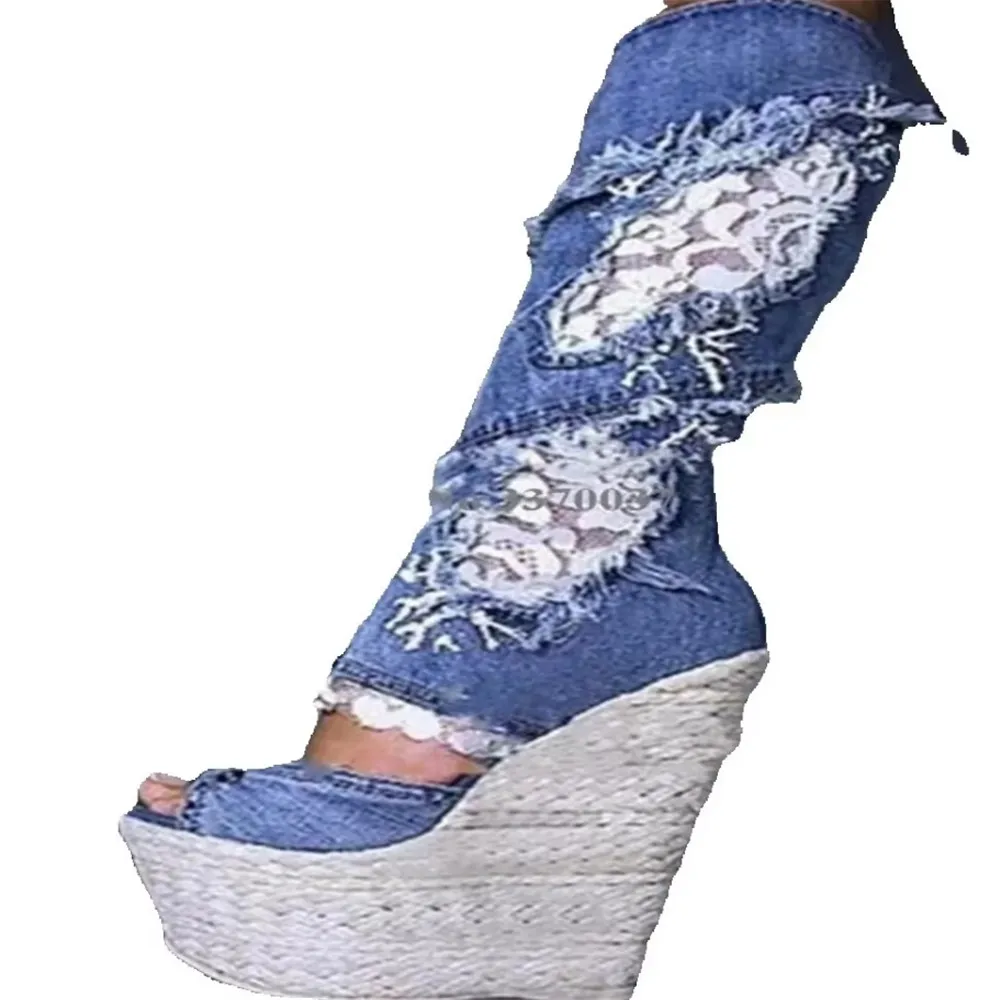 Women Sexy Fashion Peep Toe Blue Denim Wedge Platform Gladiator Boots Cut-out Mesh Lace Long Super High Heel Boots Dress Shoes