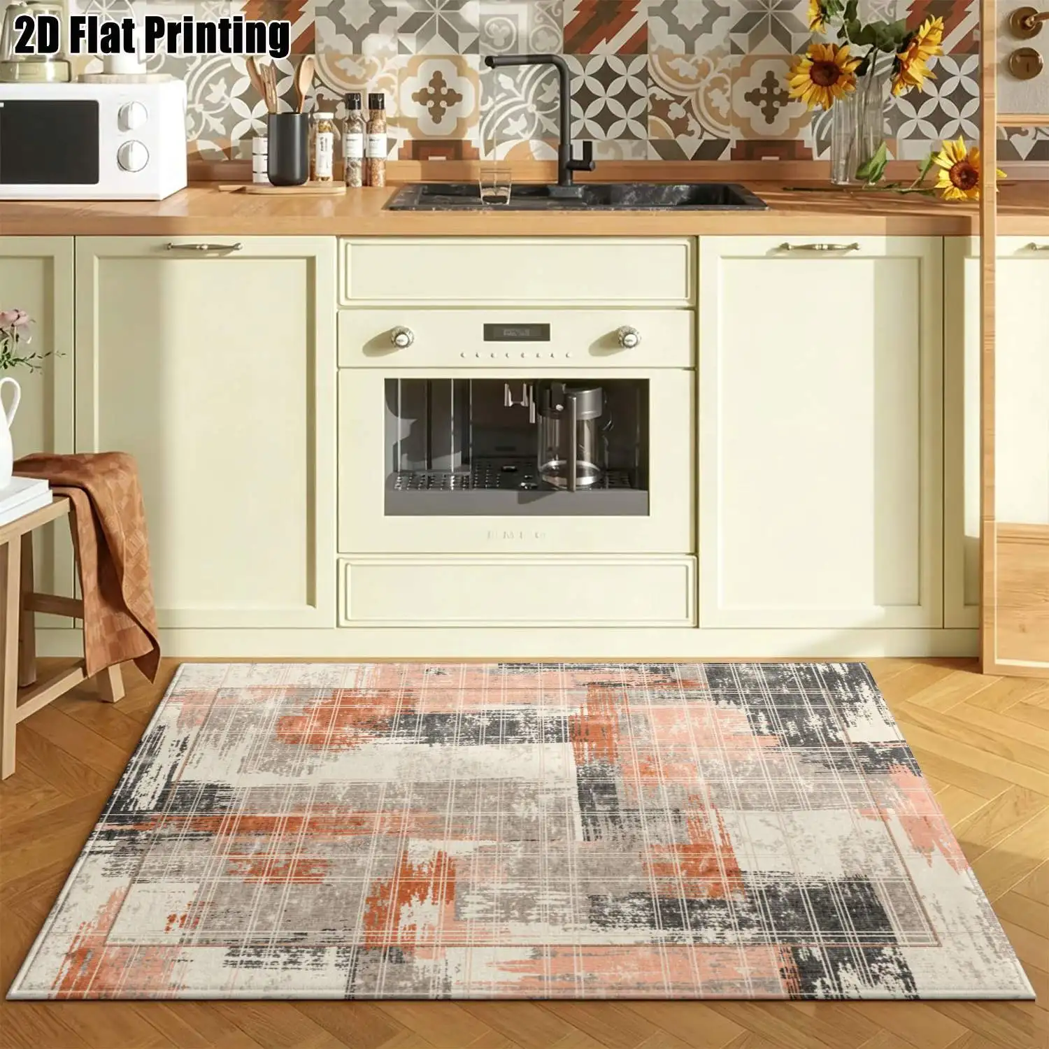 1Pc 2D Printed Orange-Gray Geometric Abstract Carpet, Fits Nordic/Modern Minimalist/Vintage Decor, Multiple Sizes, Machine Washable, Ideal for Entryway, Dining Room, Foyer, Bedroom, Living Room