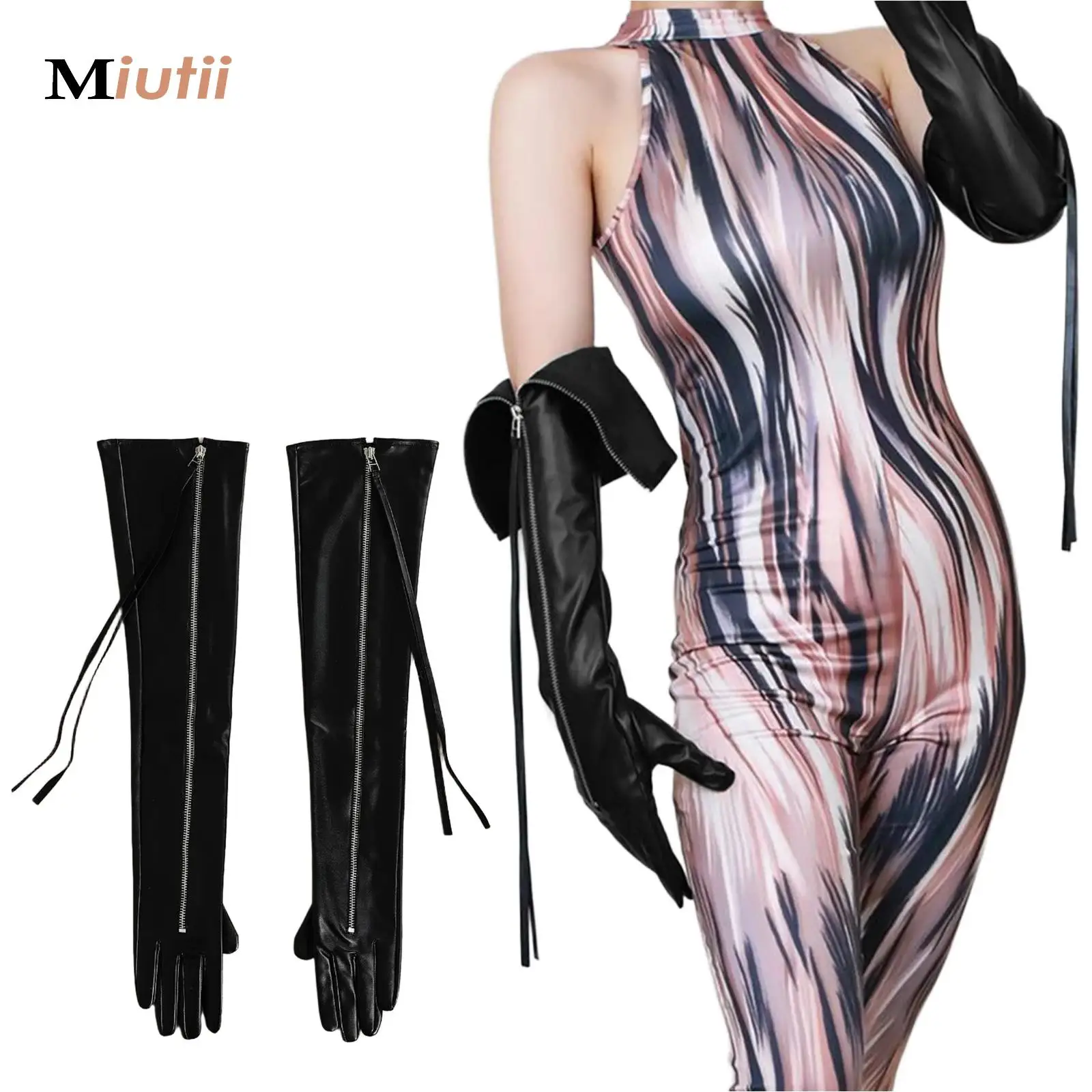 

Faux Leather Gloves Extra Long Women's Black Fringe Tassel Trim Arms Sleeve For Pole Dance Accessories for Club Photo Shooting